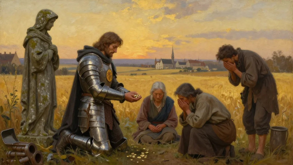 Bancroft kneels among poor farmers at a weathered statue of a hunter in a field outside town, at dusk.