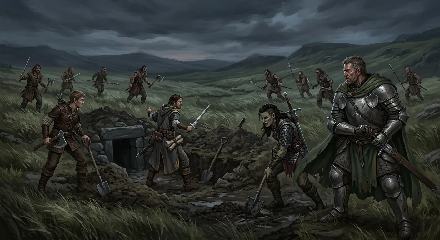 Adventurers at a barrow dig site on an open moor as armed bandits approach across the grassland